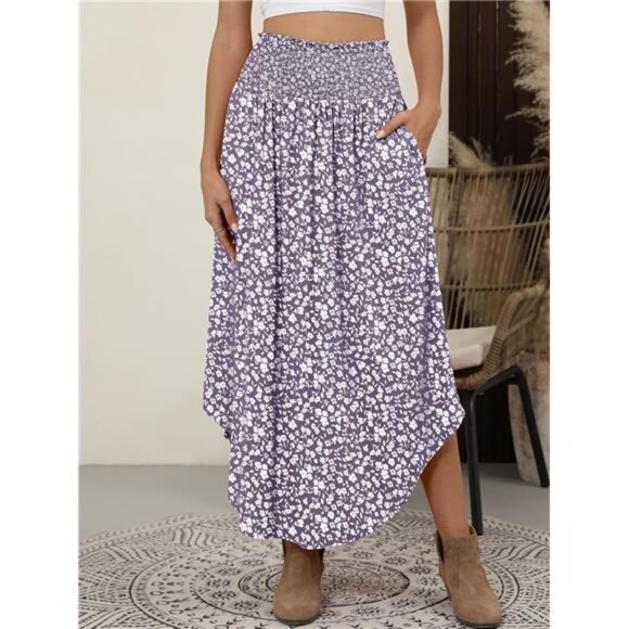 Women's Maxi Skirts Summer Boho Floral Floral Gray Purple - Picture 4 of 6